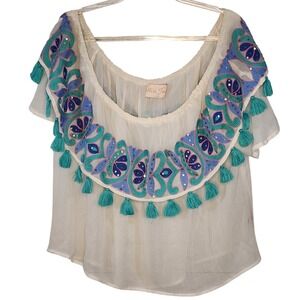 Miss‎ June Paris Off The Shoulder Embroidered White Blouse Turquoise Tassels 2X